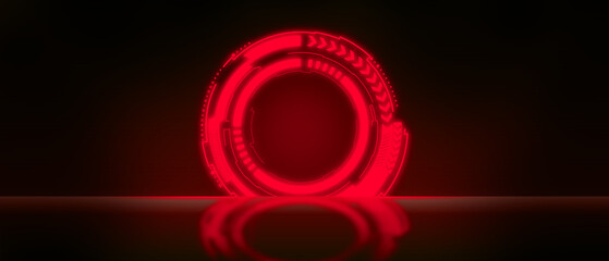 Futuristic red glowing neon round portal. Sci fi metal construction