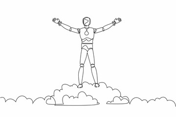 Continuous one line drawing robot on top of cloud with raised hands. Humanoid robot cybernetic organism. Future robotic development. Peaceful, happiness. Single line design vector graphic illustration