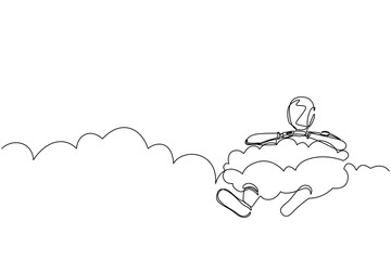 Single one line drawing robot hang in the clouds. Hoping for success. Future technology development. Artificial intelligence and machine learning. Continuous line design graphic vector illustration