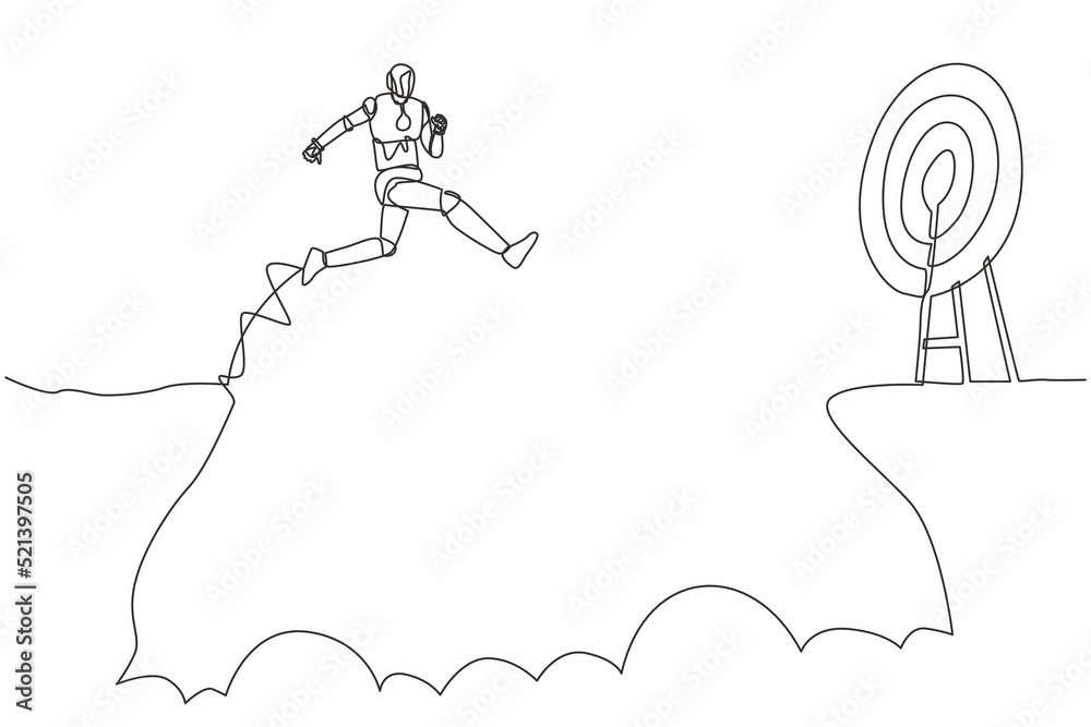 Poster single continuous line drawing robot jumping over cliff to reach target. robotic artificial intellig