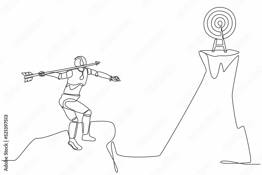 Poster single continuous line drawing robot standing on peak of cliff targeting arrow to dartboard. modern 