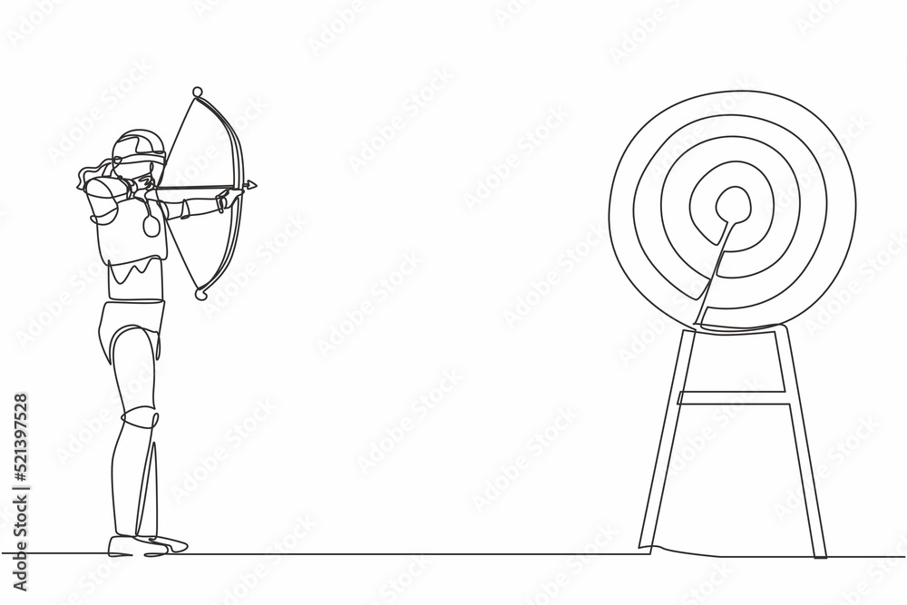 Poster continuous one line drawing blindfold robot holding bow arrow looking for target. humanoid robot cyb
