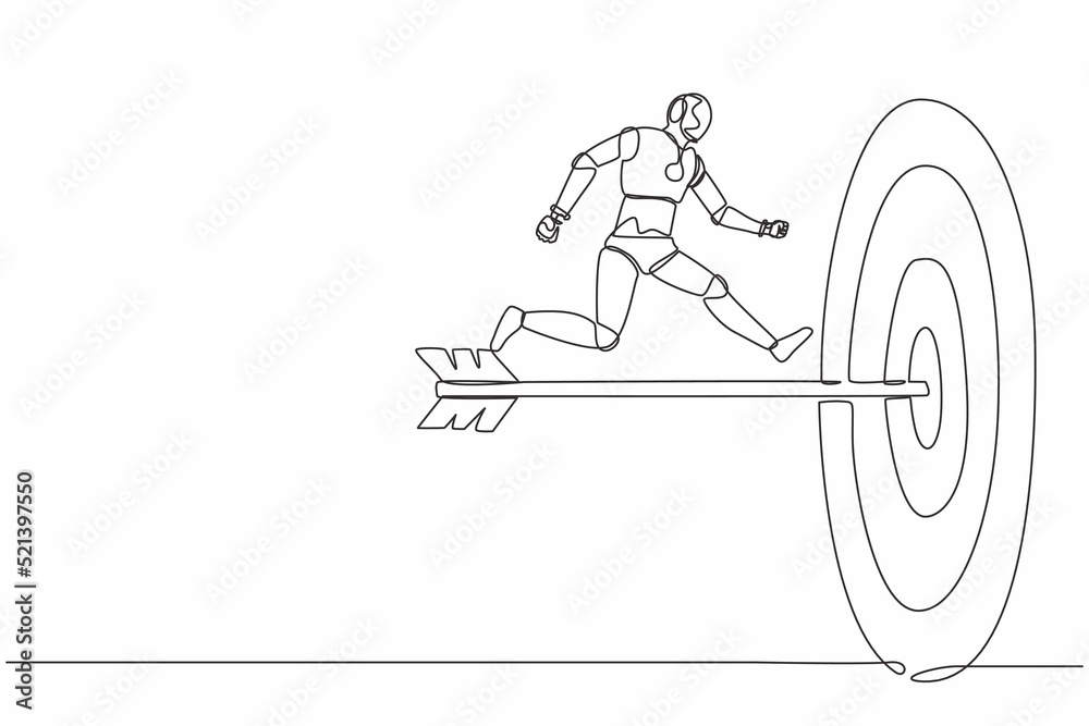 Poster single continuous line drawing robot run to bullseye with dart. reach target success. robotic artifi