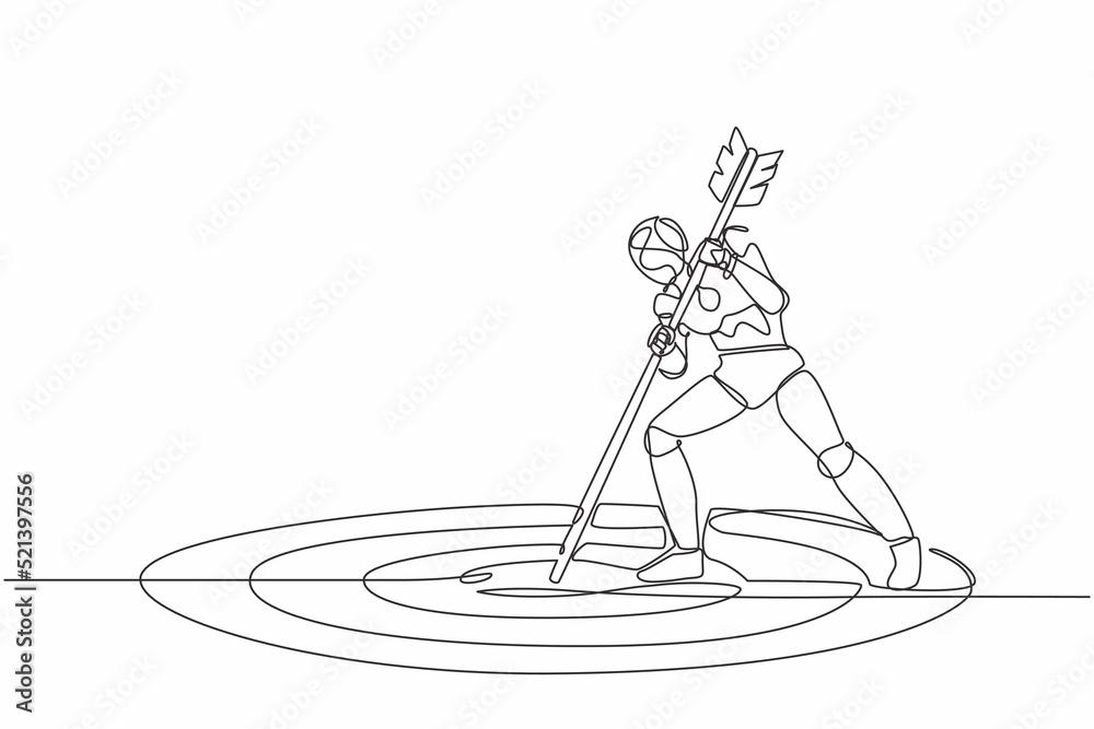 Poster single one line drawing robot mark goal with arrow. robot holding arrow, hit target on ground. futur
