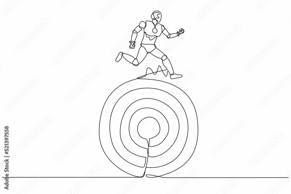 Poster continuous one line drawing robot move forward with goals. robot running on target. humanoid robot c
