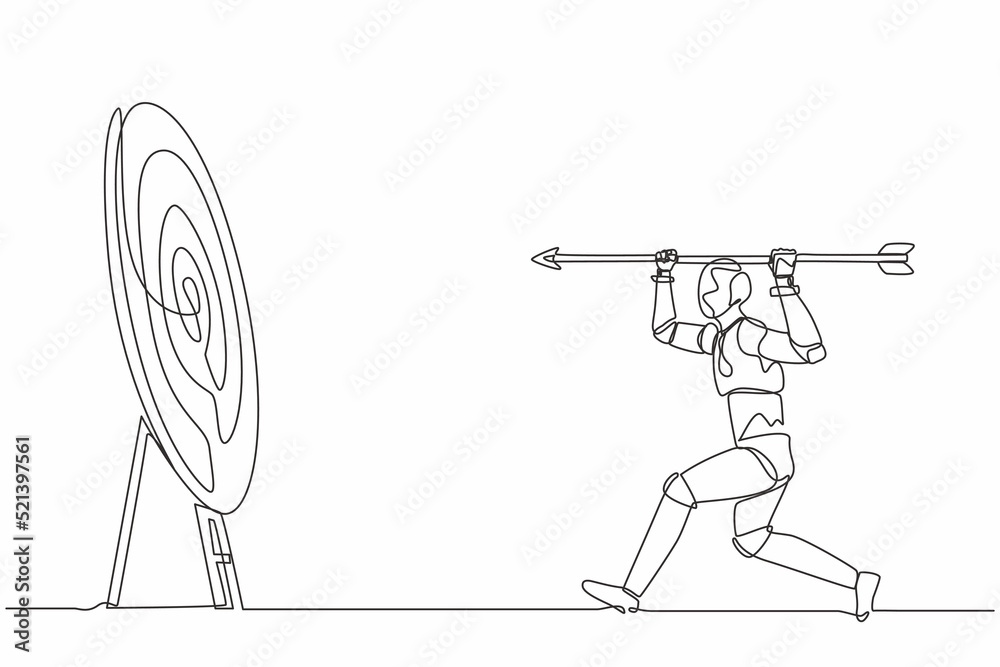 Poster single one line drawing robot point big arrow on target. goal achievement. future technology develop