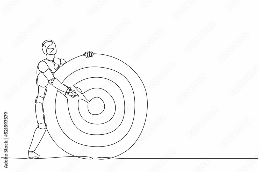 Poster single one line drawing robot holding archer target or dartboard and pointing at bullseye. future te