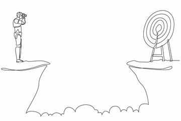 Obraz premium Continuous one line drawing robot standing on cliff with binoculars in hand. Business target goals. Humanoid robot cybernetic organism. Future robotic. Single line graphic design vector illustration