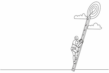 Single one line drawing robot rises up stairs to top of target. Achieving goal. Ladder sky. Future technology. Artificial intelligence and machine learning. Continuous line design vector illustration