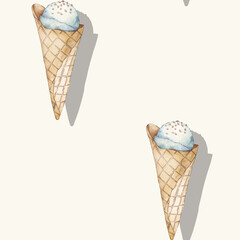 Seamless pattern with ice cream in retro style. Creamy ice cream in a waffle cone with a gentle warm background in the background. Print for fabric design, textile, fabric, wallpaper, wrapping paper.