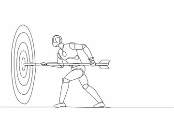 Single continuous line drawing robot hold arrow in hand to target, achievement goal. Robotic artificial intelligence. Electronic technology industry. One line draw graphic design vector illustration