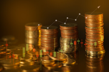 Stack coins with information graph or chart representing savings and investment. This concept is about business investment, finance, banking,money saving. Strategy planning stock market exchange.