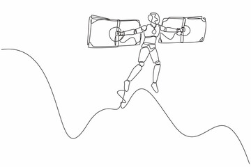 Fototapeta premium Single one line drawing robot flying on money wings. Financial freedom. Future technology development. Artificial intelligence and machine learning. Continuous line design graphic vector illustration