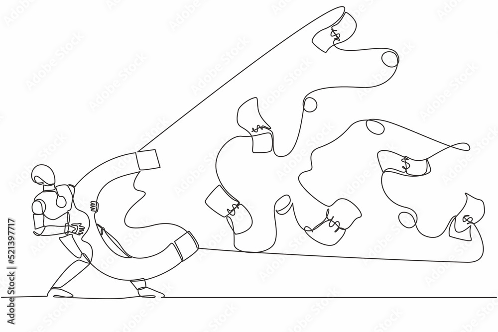 Poster single one line drawing robot using big magnet to attract money. future technology development. arti