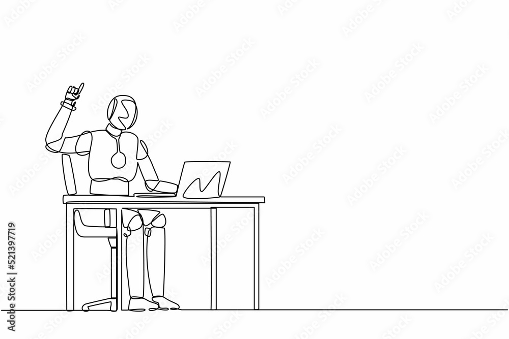 Poster single continuous line drawing robot getting bright new idea while working with laptop on desk. robo