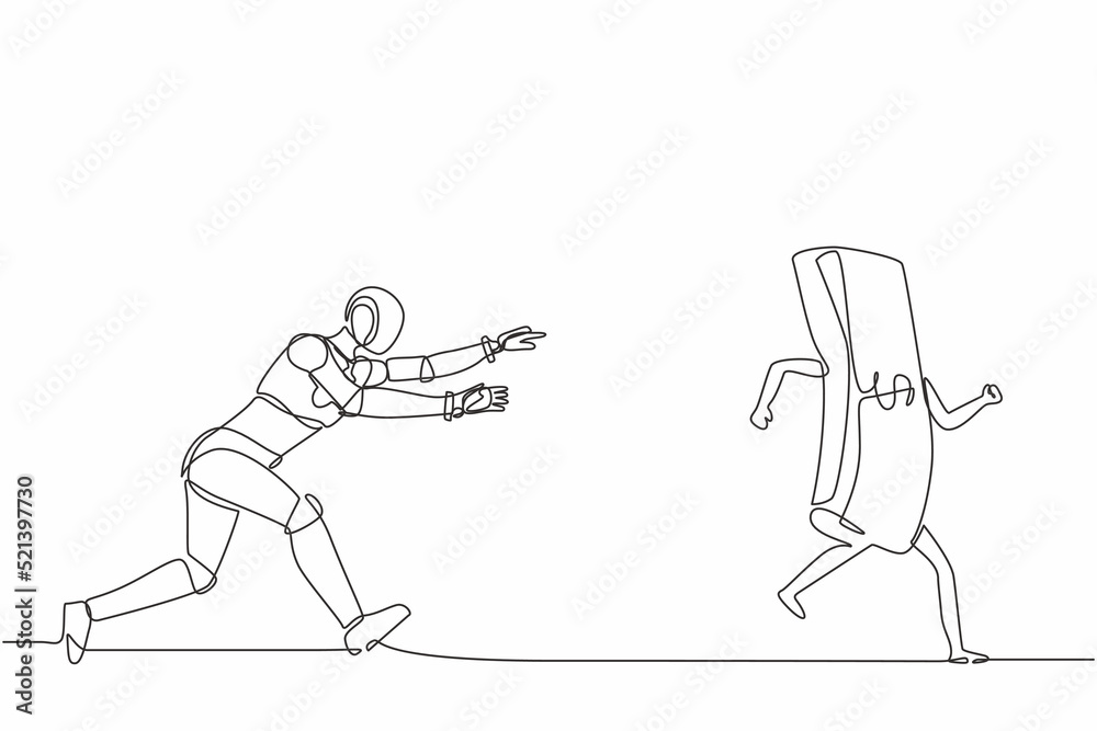 Poster single one line drawing robot running and chasing after run away money. future technology developmen