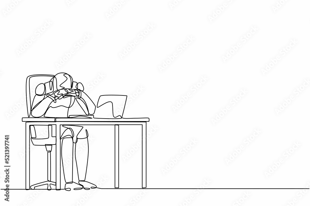 Poster single one line drawing frustrated robot in doubt with hand on chin gesture. future technology devel