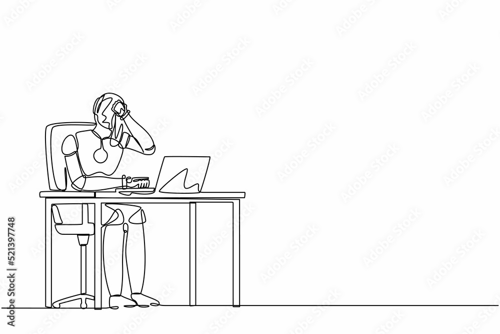 Poster single continuous line drawing robot employee crying while wiping tears using tissue and staring at 