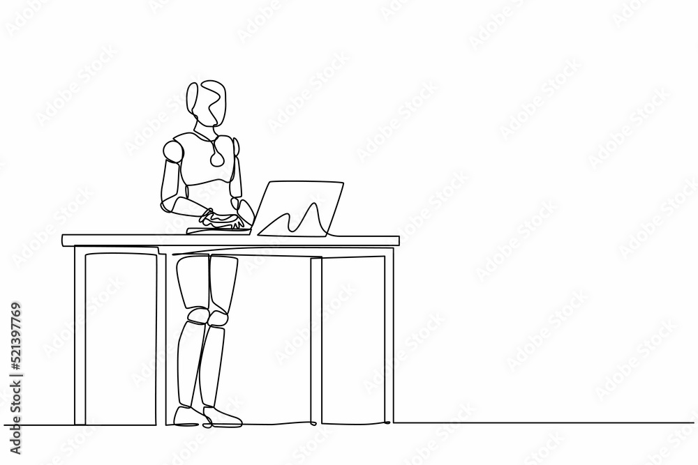 Poster single continuous line drawing smart robot standing and working behind desk. modern robotic artifici