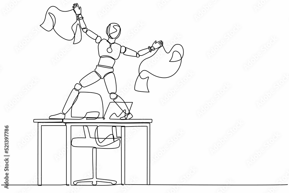 Poster single one line drawing happy robot dancing on desk celebrating win with throwing papers. future tec