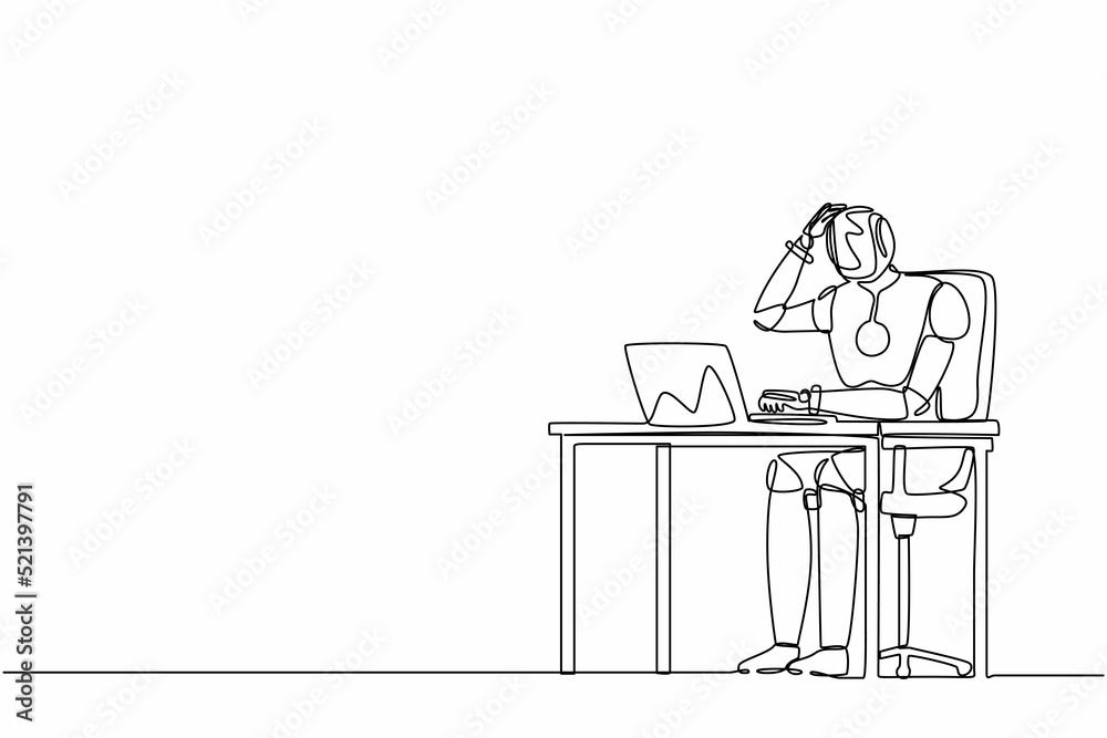 Poster single one line drawing confused robot manager working on computer laptop. future technology develop