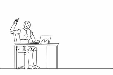 Single continuous line drawing robot getting bright new idea while working with laptop on desk. Robotic artificial intelligence. Electronic technology. One line draw graphic design vector illustration