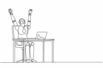 Single one line drawing happy robot at desk celebrating win with hands raised. Future technology development. Artificial intelligence and machine learning. Continuous line design vector illustration