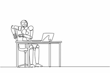 Single continuous line drawing scared robot looking at laptop computer screen. Modern robotic artificial intelligence. Electronic technology industry. One line draw graphic design vector illustration