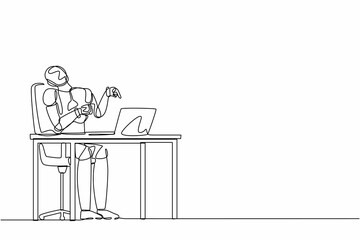 Continuous one line drawing robot manager laughing out loud while pointing his finger at laptop. Humanoid robot cybernetic organism. Future robotic development. Single line design vector illustration