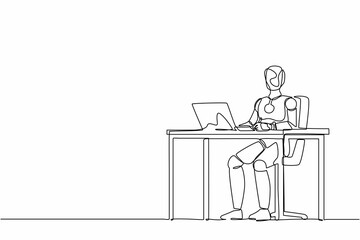 Single continuous line drawing robot writing and sitting in front of laptop at table. Robotic artificial intelligence. Electronic technology industry. One line draw graphic design vector illustration