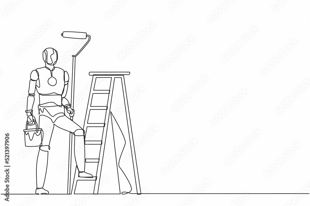 Poster single one line drawing robot painter standing with painting roller, with bucket and ladder. future 