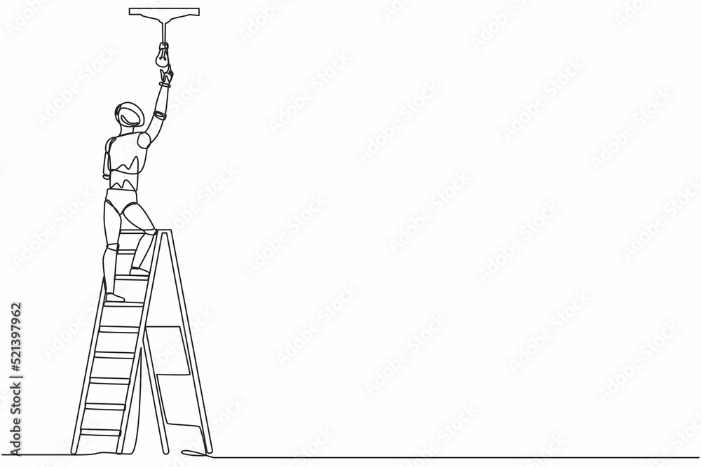 Poster single one line drawing robot worker electrician on ladder change light bulb. future technology deve