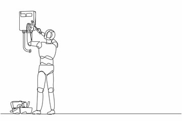 Single continuous line drawing robot plumber is installing water heater or boiler. Robotic artificial intelligence. Electronic technology industry. One line draw graphic design vector illustration