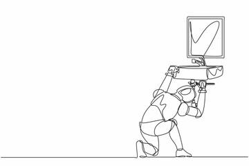Single continuous line drawing robot plumber worker repair sink in bathroom and plumbing pipes. Robotic artificial intelligence. Electronic technology. One line draw graphic design vector illustration