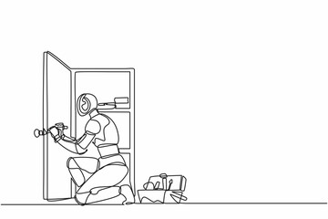 Continuous one line drawing robot carpenter is assembling of wardrobe or cabinet with shelves. Humanoid robot cybernetic organism. Future robotic. Single line draw design vector graphic illustration