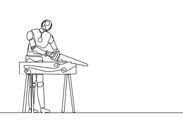 Single one line drawing robot repairman, builder or carpenter sawing boards. Future technology development. Artificial intelligence machine learning. Continuous line draw design vector illustration