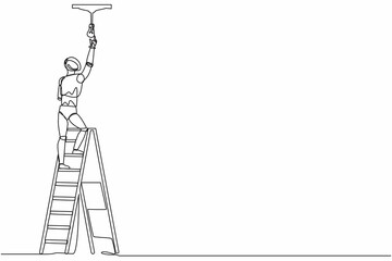 Single one line drawing robot worker electrician on ladder change light bulb. Future technology development. Artificial intelligence machine learning. Continuous line draw design vector illustration