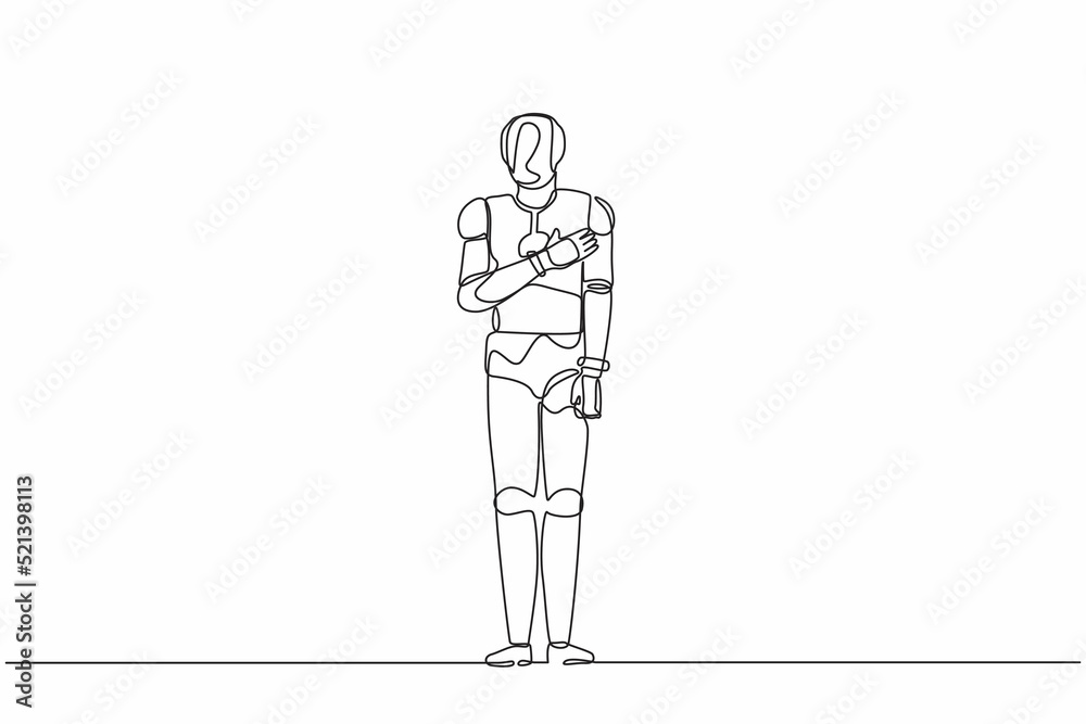 Poster single one line drawing robot keeping hands on chest. smiling friendly robot expressing gratitude. a