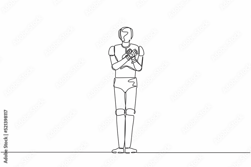 Poster single continuous line drawing robot keeping hands on chest. robot suffering from chest pain or hear