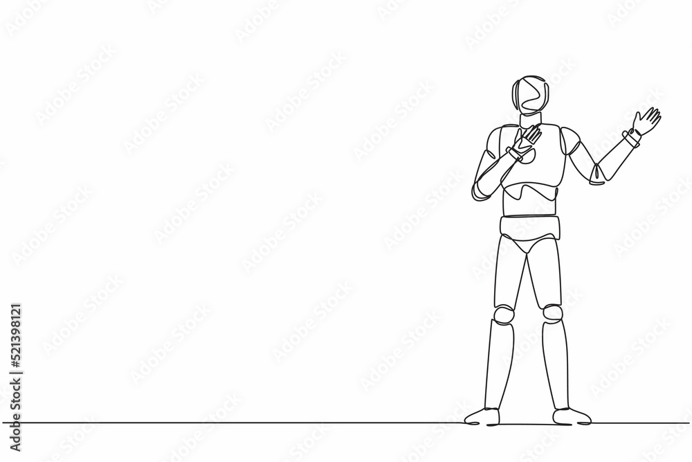 Poster single continuous line drawing robot pointing away hands together and showing or presenting somethin