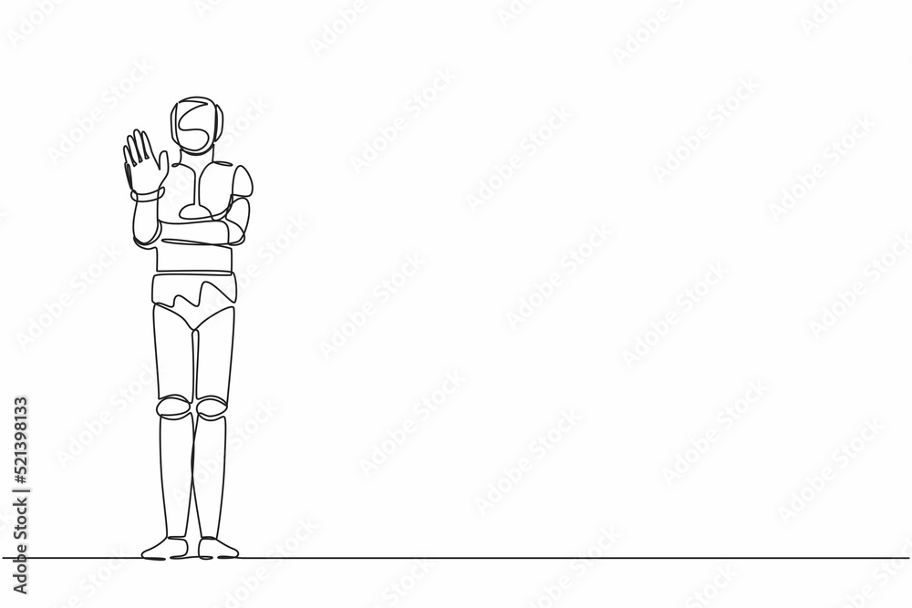Poster single one line drawing robot showing palm as stop sign, stay, hold or rejection gesture. future tec
