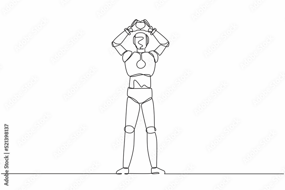 Poster single continuous line drawing robot making or gesturing heart symbol with fingers over head. roboti