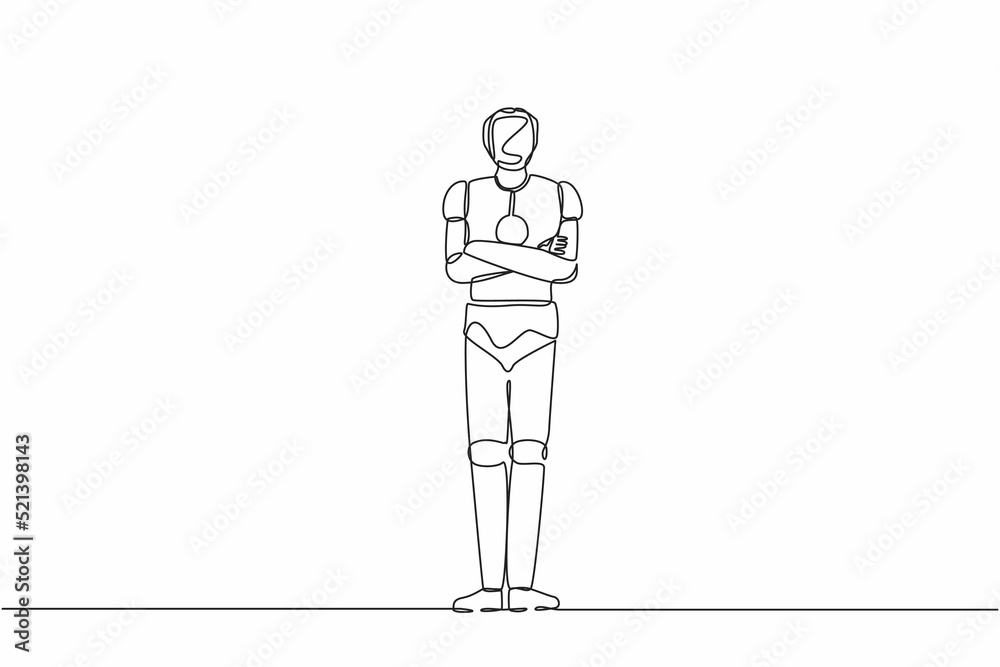 Poster single one line drawing robot standing with folded arms pose. future technology development. artific