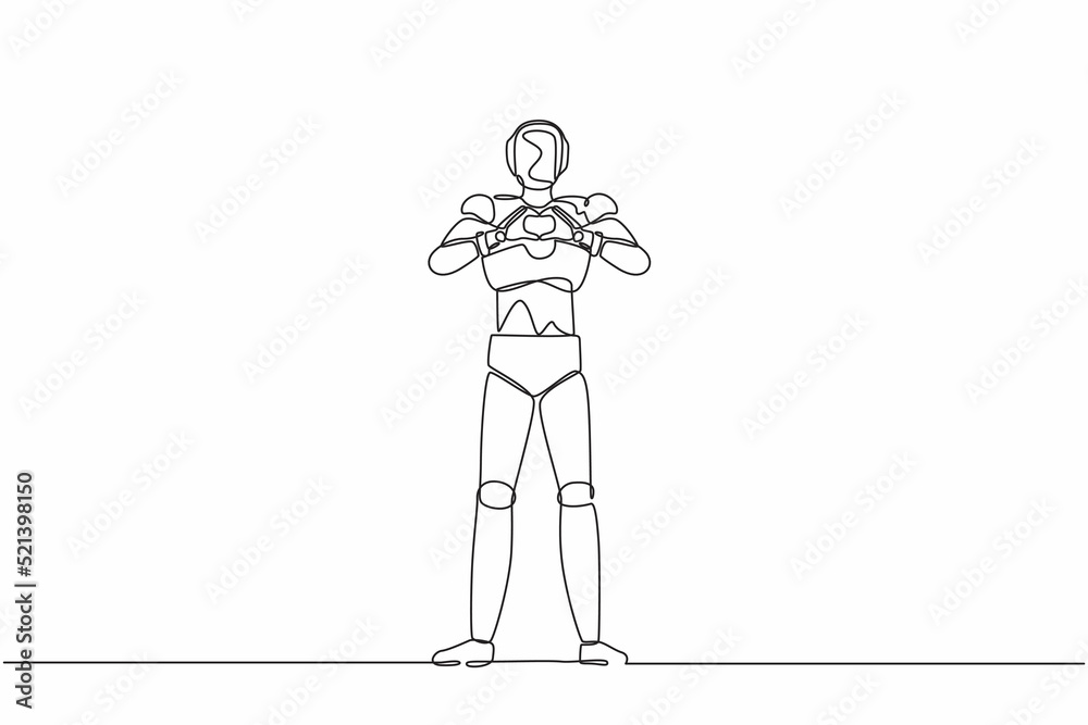 Poster single one line drawing robot making or gesturing heart symbol with fingers in front of chest. futur