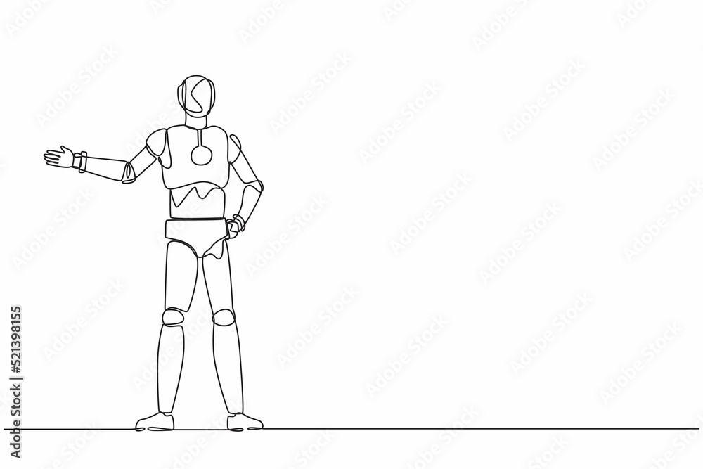 Poster continuous one line drawing robot showing something or presenting project. humanoid robot cybernetic