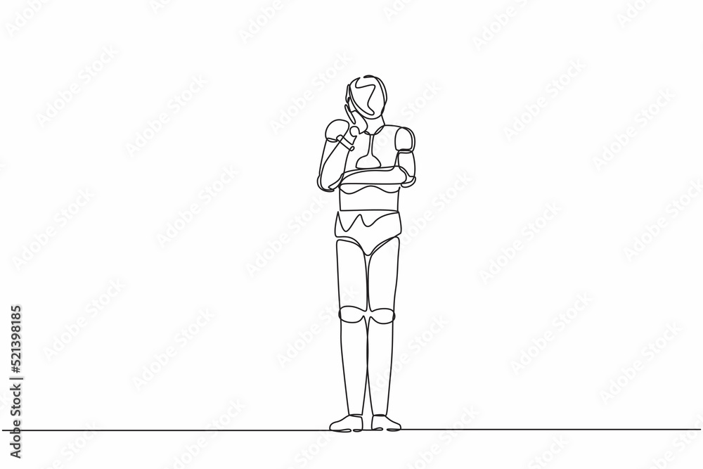Poster single continuous line drawing robot bored or tired keeping hand on cheek. robot suffering from toot