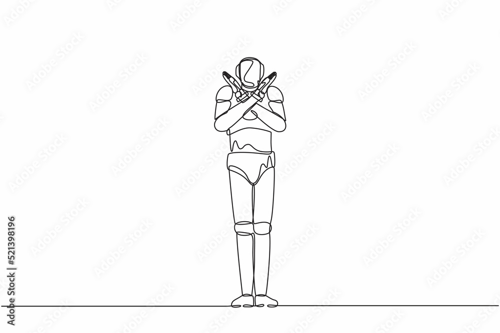 Poster single one line drawing robot crossing arms and saying no gesture. robot making x shape, stop sign w