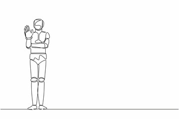 Single one line drawing robot showing palm as stop sign, stay, hold or rejection gesture. Future technology. Artificial intelligence machine learning. Continuous line draw design vector illustration