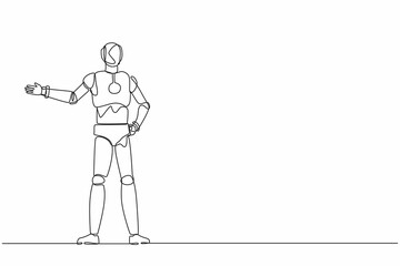 Continuous one line drawing robot showing something or presenting project. Humanoid robot cybernetic organism. Future robotic development concept. Single line draw design vector graphic illustration