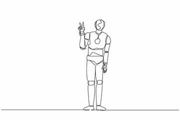 Single continuous line drawing robot showing victory sign, gesture success. Robot doing victory sign. Robotic artificial intelligence. Electronic technology. One line draw design vector illustration